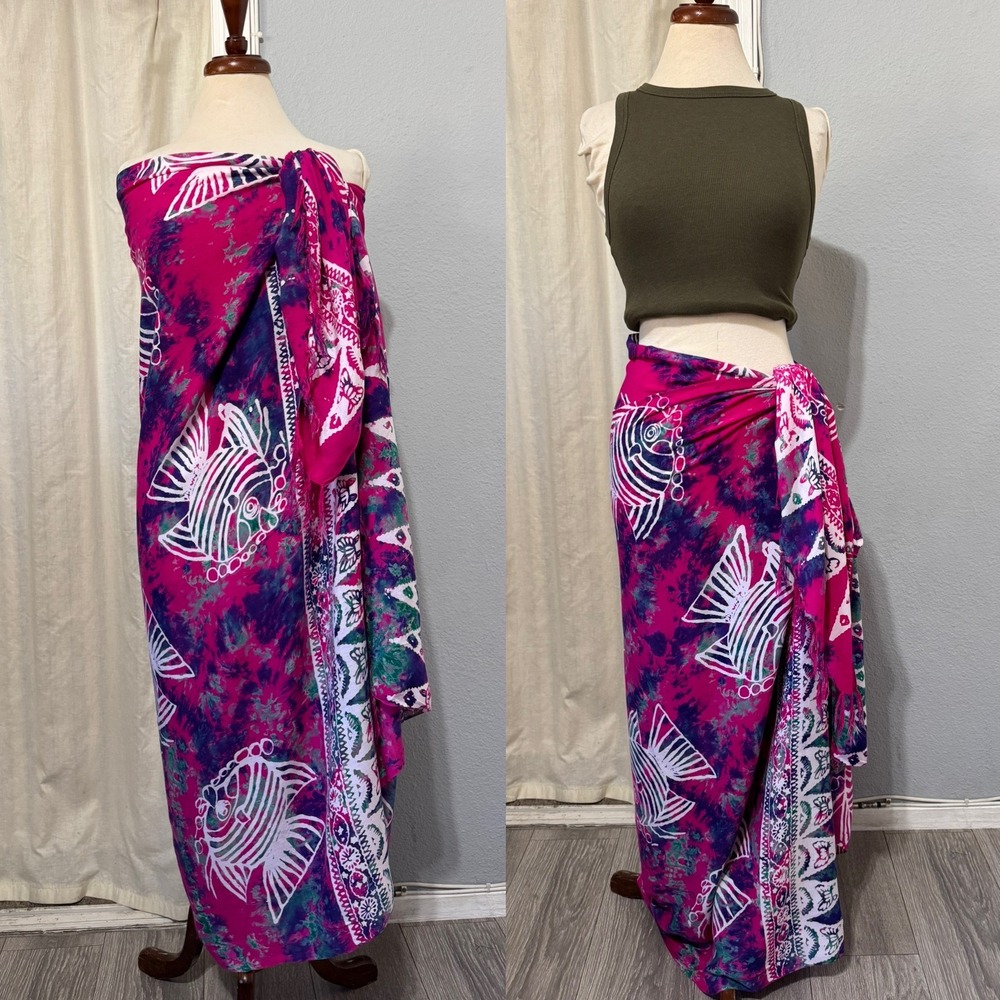 Pink Tie Dye Sarong‎ Beach Wrap Cover Up Swimsuit Tropical Fish Print 65x47 in